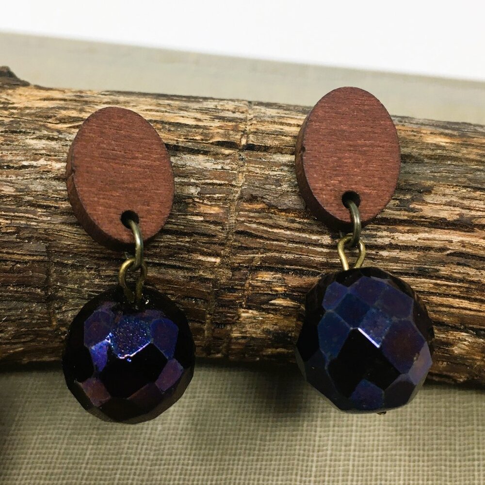 Vintage Czech Fire Polished Blue Iris Glass Bead Drop Wood Stud Dangle Earrings